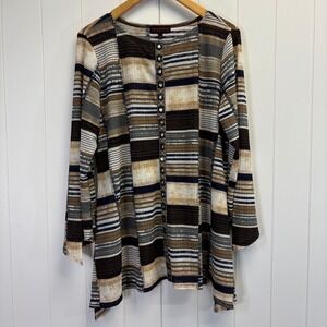 Mishca Y2K Striped Beaded Tunic Top Size XL Boho Earthy Artsy Fairy Grunge Chic